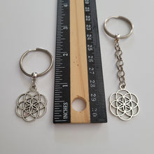 Load image into Gallery viewer, Flower Of Life Keychain Key Ring or Zipper Pull, Silver Backpack or Purse Charms