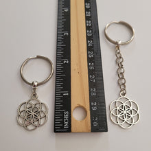 Load image into Gallery viewer, Flower Of Life Keychain Key Ring or Zipper Pull, Silver Backpack or Purse Charms