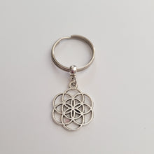 Load image into Gallery viewer, Flower Of Life Keychain Key Ring or Zipper Pull, Silver Backpack or Purse Charms