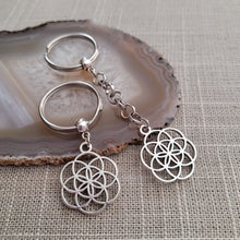 Load image into Gallery viewer, Flower Of Life Keychain Key Ring or Zipper Pull, Silver Backpack or Purse Charms