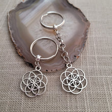 Load image into Gallery viewer, Flower Of Life Keychain Key Ring or Zipper Pull, Silver Backpack or Purse Charms