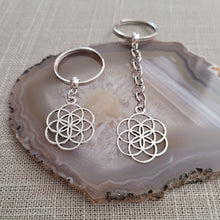Load image into Gallery viewer, Flower Of Life Keychain Key Ring or Zipper Pull, Silver Backpack or Purse Charms