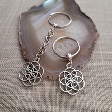Load image into Gallery viewer, Flower Of Life Keychain Key Ring or Zipper Pull, Silver Backpack or Purse Charms