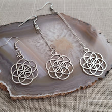 Load image into Gallery viewer, Flower of Life Earrings, Your Choice of Three Lengths, Long Dangle Chain Earrings, Bohemian Boho Jewelry