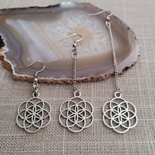 Load image into Gallery viewer, Flower of Life Earrings, Your Choice of Three Lengths, Long Dangle Chain Earrings, Bohemian Boho Jewelry