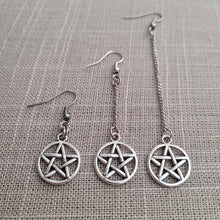Load image into Gallery viewer, Silver Pentagram Earrings, Your Choice of Three Lengths, Dangle Drop Chain Earrings