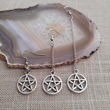 Load image into Gallery viewer, Silver Pentagram Earrings, Your Choice of Three Lengths, Dangle Drop Chain Earrings