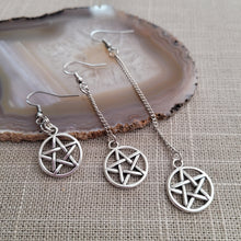 Load image into Gallery viewer, Silver Pentagram Earrings, Your Choice of Three Lengths, Dangle Drop Chain Earrings