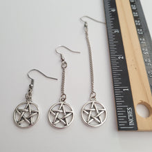 Load image into Gallery viewer, Silver Pentagram Earrings, Your Choice of Three Lengths, Dangle Drop Chain Earrings