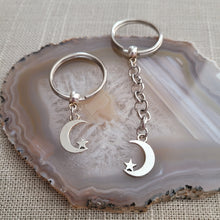 Load image into Gallery viewer, Crescent Moon Keychain Key Ring or Zipper Pull, Silver Backpack or Purse Charms