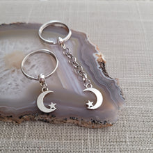 Load image into Gallery viewer, Crescent Moon Keychain Key Ring or Zipper Pull, Silver Backpack or Purse Charms
