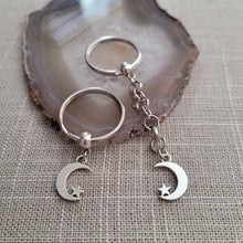 Load image into Gallery viewer, Crescent Moon Keychain Key Ring or Zipper Pull, Silver Backpack or Purse Charms