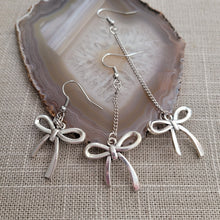 Load image into Gallery viewer, Silver Bow Earrings, Your Choice of Three Lengths, Dangle Drop Chain Earrings