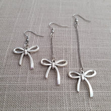 Load image into Gallery viewer, Silver Bow Earrings, Your Choice of Three Lengths, Dangle Drop Chain Earrings