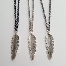 Load image into Gallery viewer, Feather Necklace, Your Choice of Three Rolo Chains Finishes, Mixed Metals, Mens Minimalist Jewelry