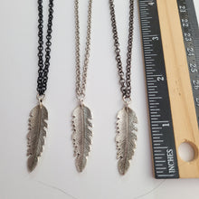Load image into Gallery viewer, Feather Necklace, Your Choice of Three Rolo Chains Finishes, Mixed Metals, Mens Minimalist Jewelry