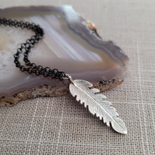 Load image into Gallery viewer, Feather Necklace, Your Choice of Three Rolo Chains Finishes, Mixed Metals, Mens Minimalist Jewelry