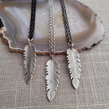 Load image into Gallery viewer, Feather Necklace, Your Choice of Three Rolo Chains Finishes, Mixed Metals, Mens Minimalist Jewelry
