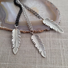 Load image into Gallery viewer, Feather Necklace, Your Choice of Three Rolo Chains Finishes, Mixed Metals, Mens Minimalist Jewelry