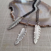 Load image into Gallery viewer, Feather Necklace, Your Choice of Three Rolo Chains Finishes, Mixed Metals, Mens Minimalist Jewelry