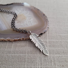 Load image into Gallery viewer, Feather Necklace, Your Choice of Three Rolo Chains Finishes, Mixed Metals, Mens Minimalist Jewelry