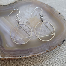 Load image into Gallery viewer, Alcoholics Anonymous Earrings, AA Sobriety Jewelry, Dangle Drop Earrings, Stainless Steel Charms