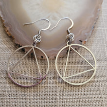 Load image into Gallery viewer, Alcoholics Anonymous Earrings, AA Sobriety Jewelry, Dangle Drop Earrings, Stainless Steel Charms