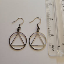 Load image into Gallery viewer, Alcoholics Anonymous Earrings, AA Sobriety Jewelry, Dangle Drop Earrings, Stainless Steel Charms