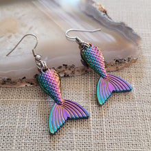 Load image into Gallery viewer, Mermaid Tail Earrings, Iridescent Titanium Rainbow Plated,  Dangle Drop Earrings, Underwater Jewelry