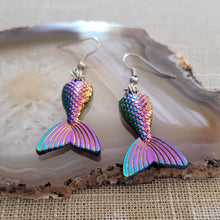 Load image into Gallery viewer, Mermaid Tail Earrings, Iridescent Titanium Rainbow Plated,  Dangle Drop Earrings, Underwater Jewelry