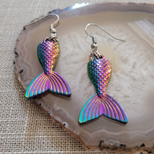 Load image into Gallery viewer, Mermaid Tail Earrings, Iridescent Titanium Rainbow Plated,  Dangle Drop Earrings, Underwater Jewelry