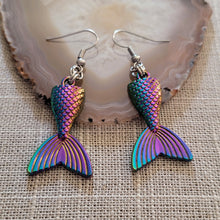 Load image into Gallery viewer, Mermaid Tail Earrings, Iridescent Titanium Rainbow Plated,  Dangle Drop Earrings, Underwater Jewelry