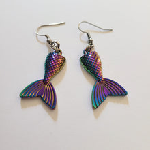 Load image into Gallery viewer, Mermaid Tail Earrings, Iridescent Titanium Rainbow Plated,  Dangle Drop Earrings, Underwater Jewelry