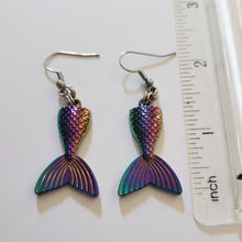 Load image into Gallery viewer, Mermaid Tail Earrings, Iridescent Titanium Rainbow Plated,  Dangle Drop Earrings, Underwater Jewelry