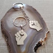 Load image into Gallery viewer, Raised Fist Keychain, Black Power Fist, Backpack or Purse Charm, Zipper Pull, Stainless Steel Charm