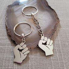 Load image into Gallery viewer, Raised Fist Keychain, Black Power Fist, Backpack or Purse Charm, Zipper Pull, Stainless Steel Charm