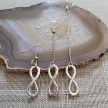 Load image into Gallery viewer, Silver Infinity Earrings Earrings, Your Choice of Three Lengths, Dangle Drop Chain Earrings, 8th Anniversary Gift
