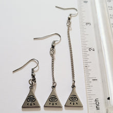 Load image into Gallery viewer, All Seeing Eye Pyramid Earrings, Your Choice of Three Lengths, Long Dangle Drop Chain Earrings