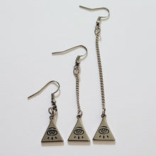 Load image into Gallery viewer, All Seeing Eye Pyramid Earrings, Your Choice of Three Lengths, Long Dangle Drop Chain Earrings