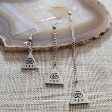 Load image into Gallery viewer, All Seeing Eye Pyramid Earrings, Your Choice of Three Lengths, Long Dangle Drop Chain Earrings