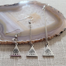 Load image into Gallery viewer, All Seeing Eye Pyramid Earrings, Your Choice of Three Lengths, Long Dangle Drop Chain Earrings