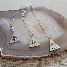 Load image into Gallery viewer, All Seeing Eye Pyramid Earrings, Your Choice of Three Lengths, Long Dangle Drop Chain Earrings