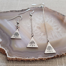Load image into Gallery viewer, All Seeing Eye Pyramid Earrings, Your Choice of Three Lengths, Long Dangle Drop Chain Earrings