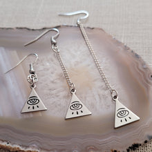 Load image into Gallery viewer, All Seeing Eye Pyramid Earrings, Your Choice of Three Lengths, Long Dangle Drop Chain Earrings