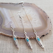 Load image into Gallery viewer, Turquoise Feather Earrings, Your Choice of Three Lengths, Dangle Drop Chain Earrings