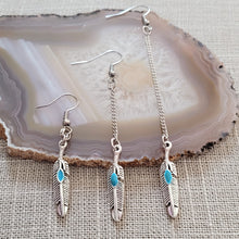 Load image into Gallery viewer, Turquoise Feather Earrings, Your Choice of Three Lengths, Dangle Drop Chain Earrings