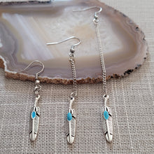 Load image into Gallery viewer, Turquoise Feather Earrings, Your Choice of Three Lengths, Dangle Drop Chain Earrings