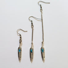 Load image into Gallery viewer, Turquoise Feather Earrings, Your Choice of Three Lengths, Dangle Drop Chain Earrings