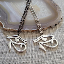 Load image into Gallery viewer, Eye of Ra Necklace, Your Choice of Gunmetal or Silver Rolo Chain, Egyptian Heiroglyphics Jewelry