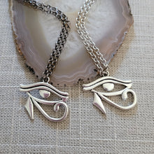 Load image into Gallery viewer, Eye of Ra Necklace, Your Choice of Gunmetal or Silver Rolo Chain, Egyptian Heiroglyphics Jewelry